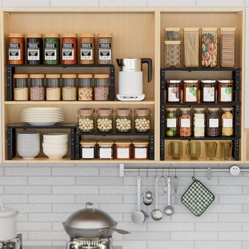 Expandable Spice Rack Kitchen Cabinet Shelf Organizer, Stackable Storage Shelves Racks, Adjustable Counter Shelving for Cabinets, Countertop, Cupboard,Pantry and More(2Packs/Black/Large) - Image 3