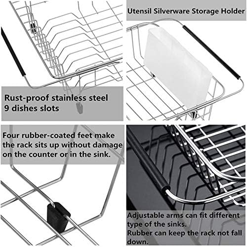 SANNO Large Expandable Dish Drying Rack Sink Dish Rack in Sink or On Counter, Dish Drainer Rustproof Stainless Steel with White Utensil Silverware Storage Holders - Image 4