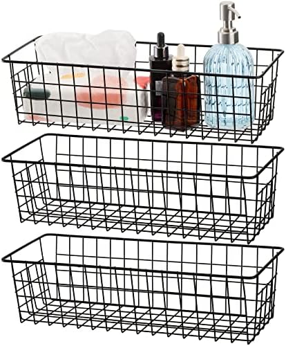 Hedume 3 Pack Metal Wire Storage Organizer Basket, 16.2" x 6.3" x 4.4" Bin Basket with Handles, Versatile Organizer for Kitchen, Pantry, Closet, Laundry Room, Cabinets, Bathroom - Black by Hedume