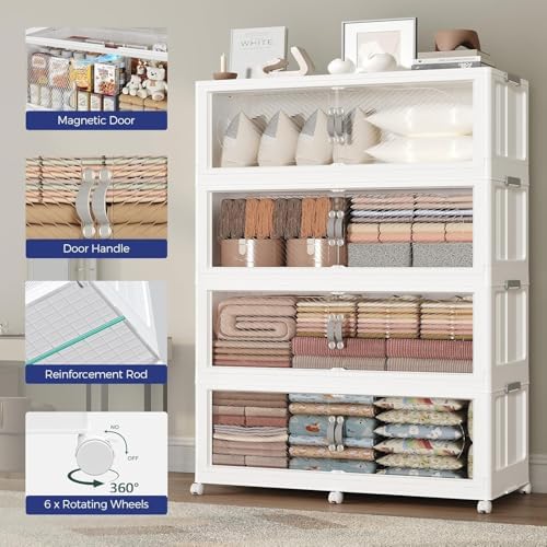 320GAL (1280QT) Collapsible Plastic Storage Bins with Lid & Wheels, Extra Large Stackable Closet Organizers Storage Boxes, Folding Cabinet for Home Kitchen Office, 4Pack White - Image 7