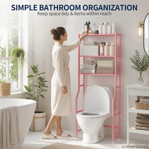 GloTika 3-Tier Over Toilet Storage, Anti-Wobble, Pink - Image 3