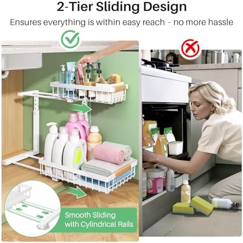 Kitstorack Under Sink Organizer, 2 Tier Under the Sink Storage, Slide out Pull out Cabinet Organizer Shelf, Metal Sliding Drawer for Kitchen Bathroom Pantry Closet Organization Rack, White, 2 Pack - Image 6
