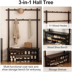 AQIMUELE Coat Rack with Shoe Storage, Wooden Hall Tree with Bench, 11 Hooks and 2-Tier Storage Shelves, 3-in-1, Entryway Bench with Coat Rack (39.3"-Black) - Image 3