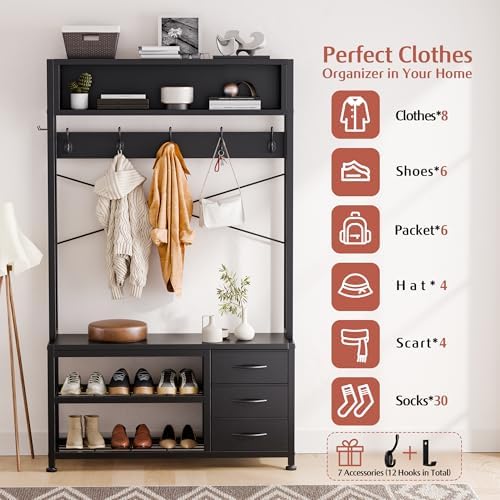 Hall Tree with Bench & 3 Drawers Storage 31.5" Coat Rack Entryway Organizer - Image 3