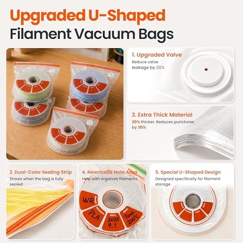 20 PCS U-Shaped 3D Filament Storage Bags Kit, 3D Printer Accessories for PLA, PETG, ABS, TPU, with Auto Pump, 20 Desiccants, 2 Sealing Clips, Extra-Thick Moisture & Dust Resistant - Image 4