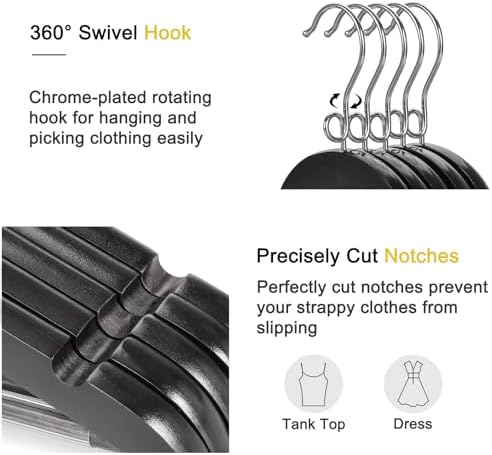 TOPIA HANGER Black Wooden Hangers 30 Pack, Space Saving Coat Hanger with 360° Swivel Cascading Loop Hook, Non Slip Pants Bar and Shoulder Notches for Camisole, Jacket, Suit, Clothes Hangers -CT74B30 - Image 3