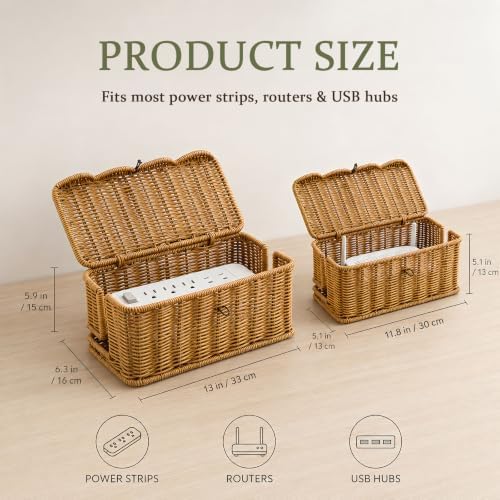 2 Pack Rattan Cable Management Box for Power Strip with 2 Exits - Image 2