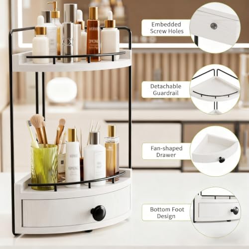 2-Tier Corner Bathroom Counter Organizer with Drawer, White - Image 4