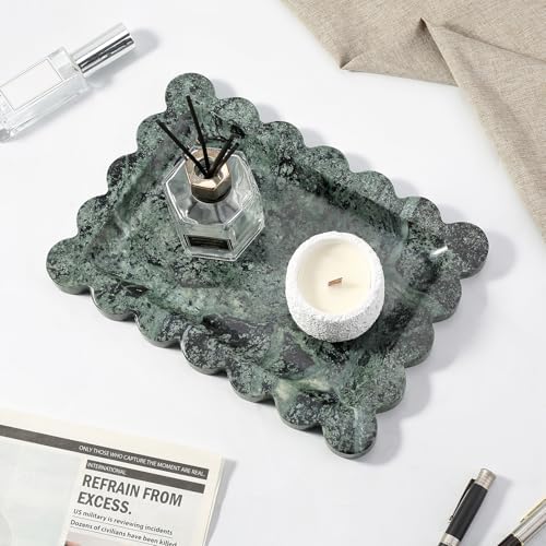 Koville Scalloped Marble Tray, 11"x8" Marble Vanity Tray for Countertop Bathroom Kitchen Dresser, Natural Stone Tray for Jewelry Perfume Home Decor, Decorative Catchall Trays(Green) - Image 3