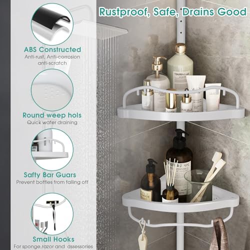 Corner Shower Caddy:125" Adjustable Inside Tension Shower Organizer Tension Pole,Rustproof Bathroom Organizer Shelves for Bathtub Shampoo Conditioner Storage,Floor to Ceiling Standing Showering Rack - Image 5