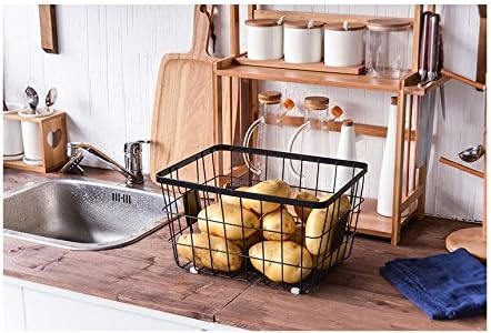 Handmade -Open Storage Bread Food Basket,Kitchen Cabinet and Pantry Storage Organizer Bin & Containers- Two Cut-Out Handles Wire Metal with Canvas Lining 13x10x7.5 Inches Black - Image 4