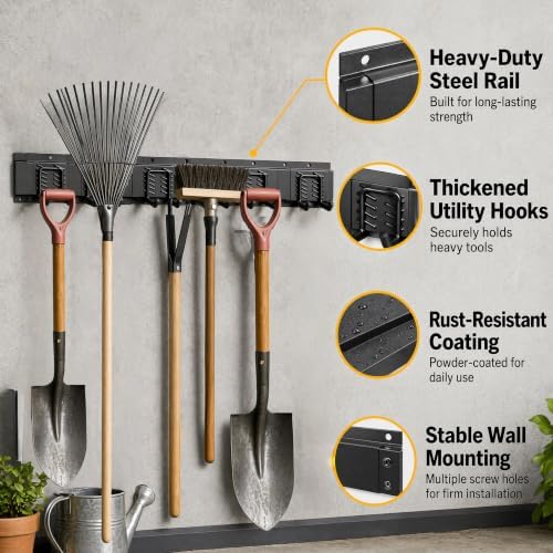 CBWLWJ Garage Tool Organizer Wall Mount, 48 inch Garage Wall Organizer, 400lbs Sturdy Garden Tool Organizer with 7 Adjustable Hooks, for Yard, Shed, Basement, Workshop(Black) - Image 4
