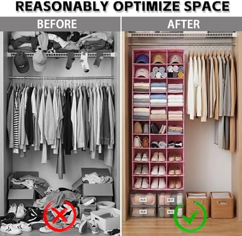 30 Section Hanging Shoe Organizer for Closet, Hanging Closet Organizer and Storage Space-Saving Foldable Clothes Shelf with Sturdy Hooks for Wardrobe, Dorm, Bedroom, Rv, Pink - Image 6