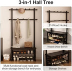 AQIMUELE Coat Rack with Shoe Storage, Wooden Hall Tree with Bench, 11 Hooks and 2-Tier Storage Shelves, 3-in-1, Entryway Bench with Coat Rack (31.5"-Deep Black) - Image 3