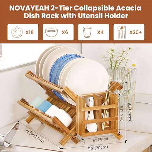 NOVAYEAH Acacia Wooden Dish Drying Rack for Kitchen Counter 2-Tier Collapsible Bmaboo Dish Drying Rack with Utensil Holder-Large Folding Dish Drainer Rack with Flatware Holder 34 pcs Grid - Image 5