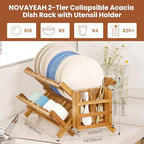 NOVAYEAH Acacia Wooden Dish Drying Rack for Kitchen Counter 2-Tier Collapsible Bmaboo Dish Drying Rack with Utensil Holder-Large Folding Dish Drainer Rack with Flatware Holder 34 pcs Grid - Image 5