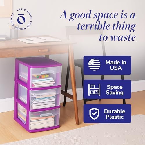 HOMZ Drawer Tower, 3-Tier Storage Cart w/Removable Wheels, Purple, 2 Pack - Image 6