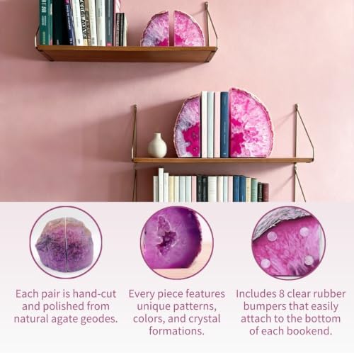 Geode Bookends Agate Decor Book Ends Unique Crystal Bookend Dyed Pink for Home Decorative 1 Pair 2-3 Lbs - Image 3