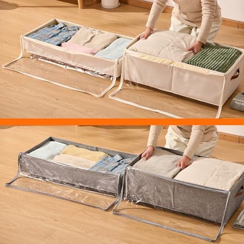 60L Large Under Bed Storage with Wheels Pack of 2, Underbed Shoe Container Bin with Clear Lid Cover, 10.5 Inches Rolling Under Bed Drawer Storage Bag Basket for Boots Quilt Sweater - White - Image 6