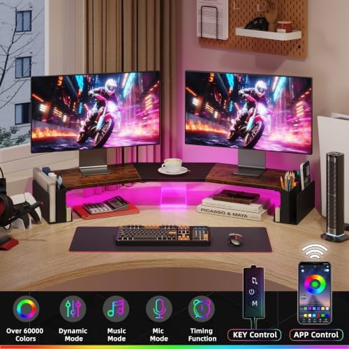 WESTREE Dual Monitor Stand Riser with Pen Holder, Computer Monitor Riser with Adjustable Angle and LED, Desktop Monitor Stand Riser Storage Organizer - Image 5