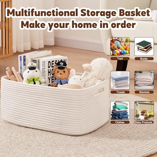 OIAHOMY Storage Basket for Shelves, Closet Cube Storage Bins Baskets for Clothes Blanket Towels, Baby Nursery, Toy Baskets Box, Woven Rope Basket, 17.72 * 12.99 * 7.87 IN, 2 Packs White - Image 4