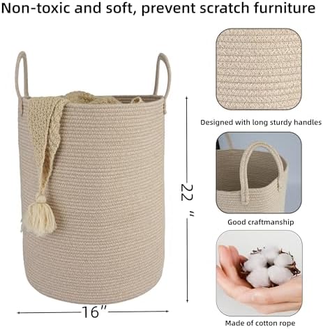 Woven Cotton Rope Laundry Basket Hamper, 16" x 22" Large Oatmeal - Image 2