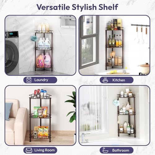 SWTYMIKI Standing Shower Caddy Corner - 3‑Tier Stainless Steel Shower Organizer Shelf with 12 Hooks and Adhesive Pads, Rustproof Corner Shelves Stand Rack for Bathroom Shower Room, Bronze - Image 6