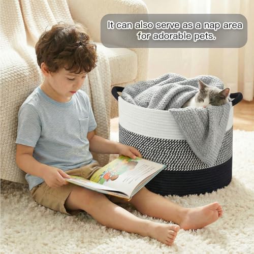 Artfeel 70L Large Cotton Rope Basket, Decorative Woven Blanket Storage for Living Room, Boho Toy Storage & Toy Box for Kids, Versatile Laundry Basket & Nursery Hamper for Blankets(Black) - Image 3