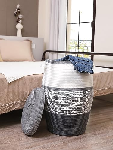 26"x20" Extra Large Tall Woven Laundry Basket with Lid, Cotton Rope Blanket Storage Basket, Freestanding Decorative Bin for Bedroom Living Room, Grey & Dark Grey - Image 3