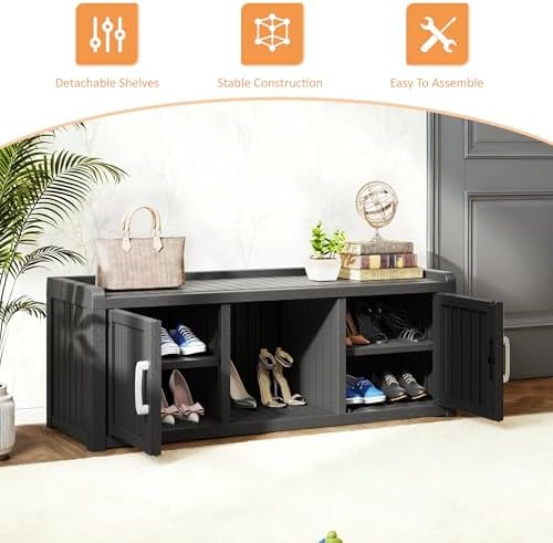 2-Tier Storage Bench, Waterproof UV-Resistant Outdoor Shoe Storage Cabinet with 2 Doors & Adjustable Shelves for Indoor Outdoor Entryway, Hallway, Living Room(Classic Black) - Image 4
