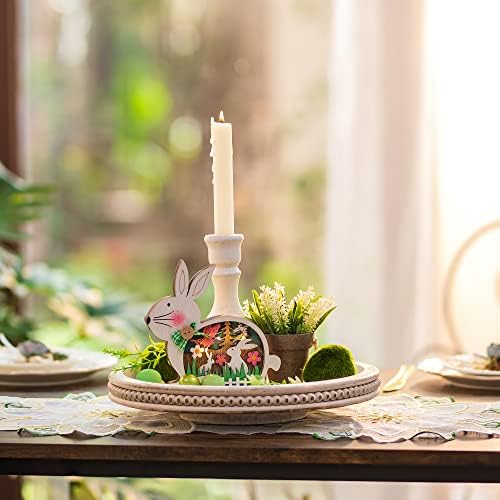 Hanobe Lazy Susan Centerpiece Tray, Round Wooden Turntable Organizer, White - Image 2