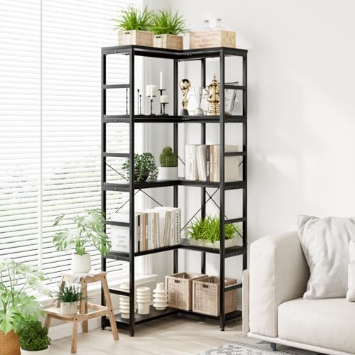 NUMENN 5-Tier Corner Bookshelf, 27" L*23" W*66''H L-Shaped Bookcase, Black - Image 4