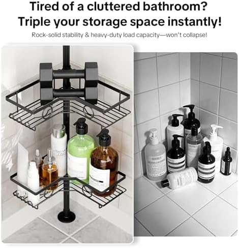 Corner Shower Caddy Tension Pole, 4 Tier Rustproof Shower Tension Rod Organizer with Soap Holder & Hooks, Adjustable 30-121 Inch Bathroom Shelf for Renters - Family Stand Storage Rack, Black - Image 6
