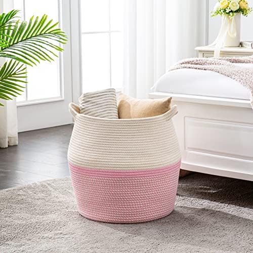 KAKAMAY Woven Baskets for Storage(17"x17"),Large Cotton Rope Woven Baby Laundry Hamper,Collapsible Laundry Basket, Blanket Basket for Organizing Living Room,Nursery,Pillows,Toy Chest(Pink) - Image 7