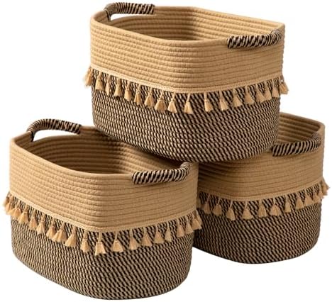 TeoKJ Set of 3 Baskets for Organizing, Decorative Rope Baskets for Storage, Storage for Pets, books, Pillows, Toys & Cloths, Black & Jute by TeoKJ