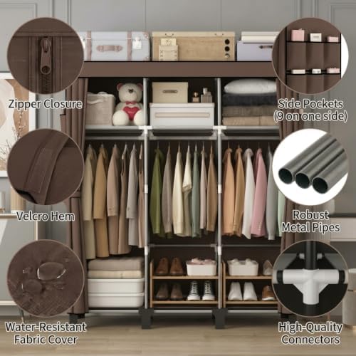 Portable Non-Woven Fabric Wardrobe, 3 Hanging Rods & Multi Tier Storage Shelves, 18 Side Pockets Clothes Closet Organizer, 130×45×172cm for Bedroom Dorm Living Room (Coffee) - Image 2