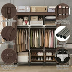 Portable Non-Woven Fabric Wardrobe, 3 Hanging Rods & Multi Tier Storage Shelves, 18 Side Pockets Clothes Closet Organizer, 130×45×172cm for Bedroom Dorm Living Room (Coffee) - Image 2