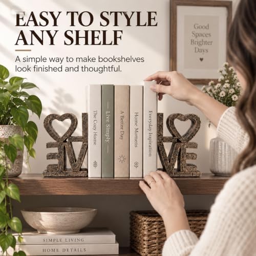 Love Bookends, Gold Decorative Book Ends for Shelves, Resin Bookends Set - Image 4