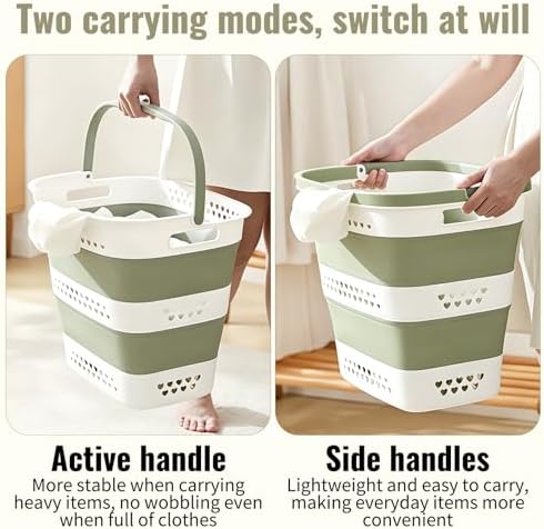2 Pcs Collapsible Laundry Baskets for Clothes, 43L Plastic Laundry Hamper for Dorm Bedroom, Space Saving Pop-Up Laundry Hamper Container, Durable Foldable Laundry Basket with Handles (Matcha-Green) - Image 5