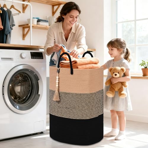 Woven Laundry Basket for Clothes, 80 L Large Rectangle Laundry Hampers with Beads Tassel, Nursery Storage Basket for Toys, Tall Dirty Clothes Hamper for Bedroom Aesthetic, Laundry Room Organization - Image 2