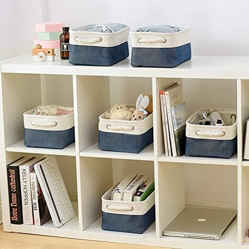 TheWarmHome Storage Basket for Organizing - Small 12x8x5.2 inch 6 Pack Collapsible Storage Bin for Shelves, Canves Storage Cubes for Organizer Cloth Box Gift Toys Closet (White & Jean Blue) - Image 3