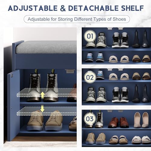 42.6" Storage Bench - Shoe Storage Bench with Side Storage Shelves and 3 Doors, Multifunctional Entryway Bench with Lift Top Cushion, Shoe Bench for Bedroom, Living Room, Entryway, Navy Blue - Image 4