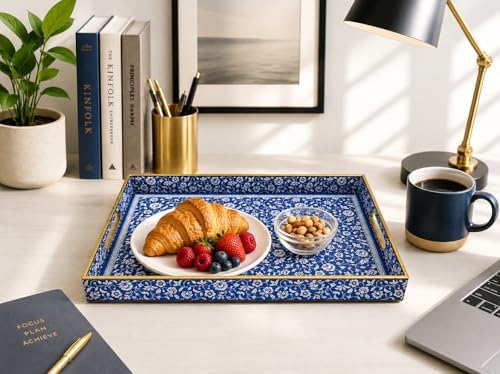 Decorative 3pcs Tray Set with Gold Handles, Elegant Luxury Style, for Living Room, Kitchen and Vanity. (Mosaic Blue Design) - Image 7