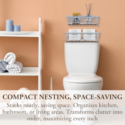 MyGift 13 and 12 Inch Nesting Storage Baskets with Handles, Wall Mounted or Tabletop White Metal Wire and Premium Acacia Wood Decorative Shelf Organizer Bins, 2 Piece Set - Image 3