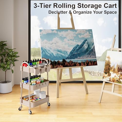 3 Tier Khaki Metal Utility Rolling Cart, Storage Carts with Lockable Wheels - Image 7