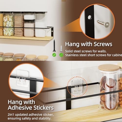 Spice Rack, Self-Adhesive or drilling, Rustic Style Hanging Spice Rack, Spice Organization for Cabinet Door or Wall Mount, Over The Stove, Kitchen Wall, 4-Pack, Wood Color - Image 4