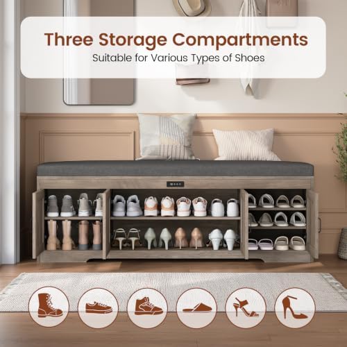 UPOSOJA 60“ Farmhouse Shoe Storage Bench with Deodorizing, Entryway Storage Bench with Cushion Seat, 4 Doors Freestanding Hidden Shoe Rack, Adjustable Shelf, for Bedroom, Living Room (Gray Wash, 60IN) - Image 6