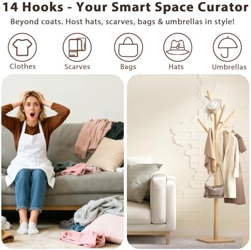 Solid Wood Coat Rack - Freestanding Coat Hat Rack Stand with 14 Hooks, Clothes Rack Heavy Duty Space Saving Entryway Coat Tree Hanger Rack for Coats Jackets Hats Bags, Adjustable Height (Natural) - Image 6