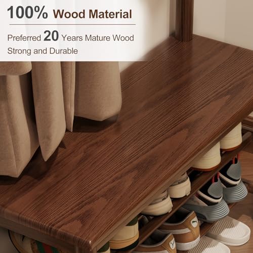 AQIMUELE Hall Tree, Coat Rack with Shoe Storage, Wooden Hall Tree with Bench, 11 Hooks and 2-Tier Storage Shelves, Entryway Bench with Coat Rack (31.5" - Deep Walnut) - Image 4