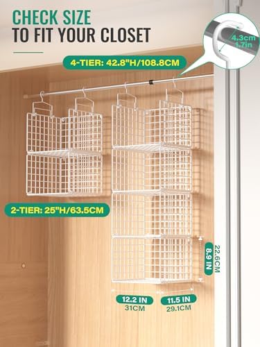 Hanging Closet Organizer, 4 Tier Metal Closet Organizers and Storage with 4 Hanging Hooks 4 S-Hooks for Wardrobe Laundry Room, Wire Storage Shelf for Clothes Sweaters Pants (White) - Image 2